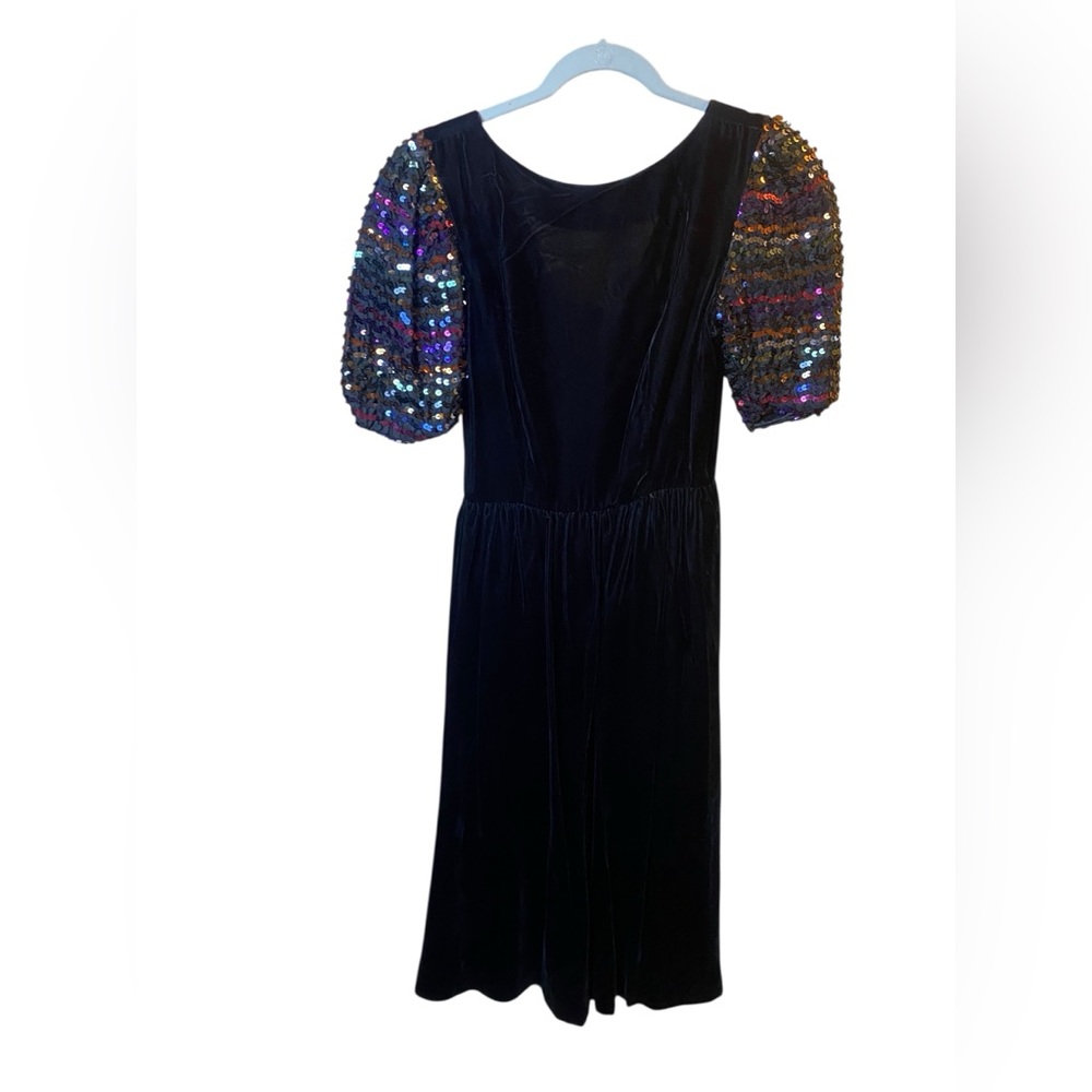 Vintage Velvet Dress Black Sequin Sleeves Goth Grunge  Holiday Party Midi 80s S